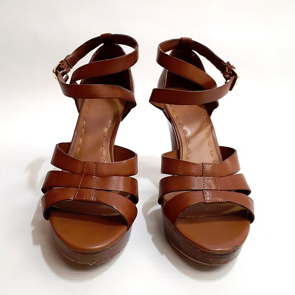 TAHARI Platform Heel Sandals with Cross Strap in Brown Tan Faux Leather - Picture 2 of 13